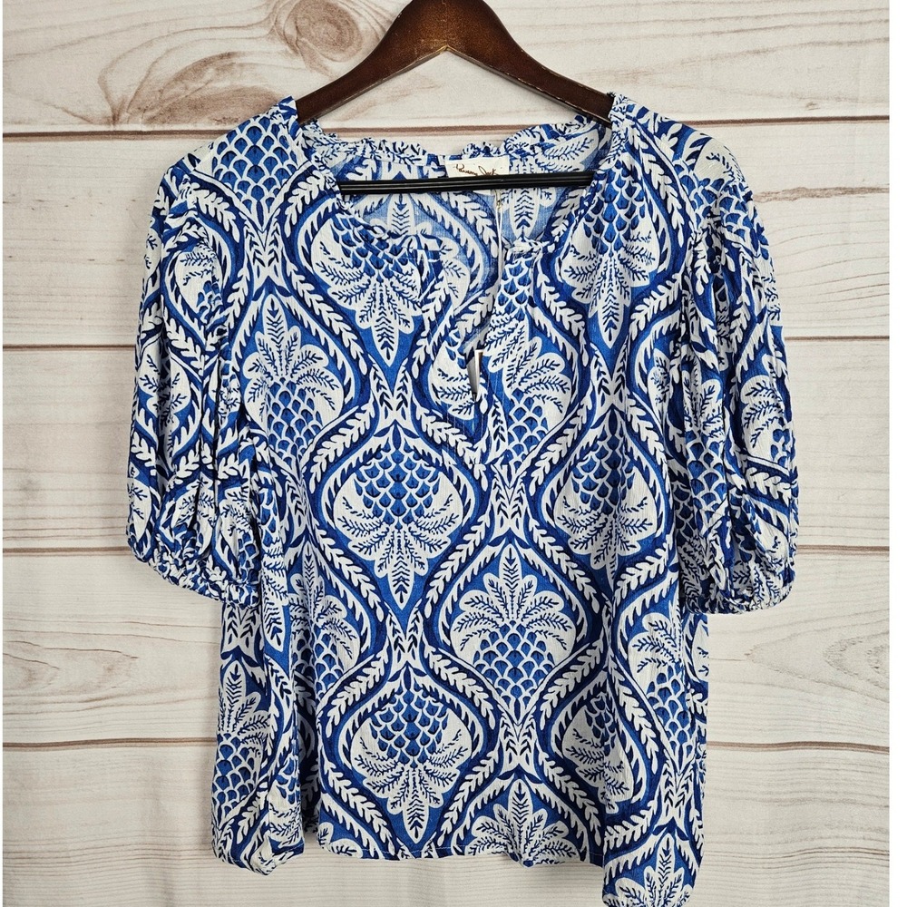 NWT Panama Jack Blue White Medallion Print Blouse Large V-Neck Puff Sleeves